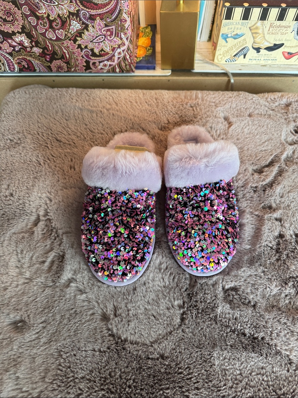 Women’s  Sparkle Sequin Pink Faux-Fur Slip-On